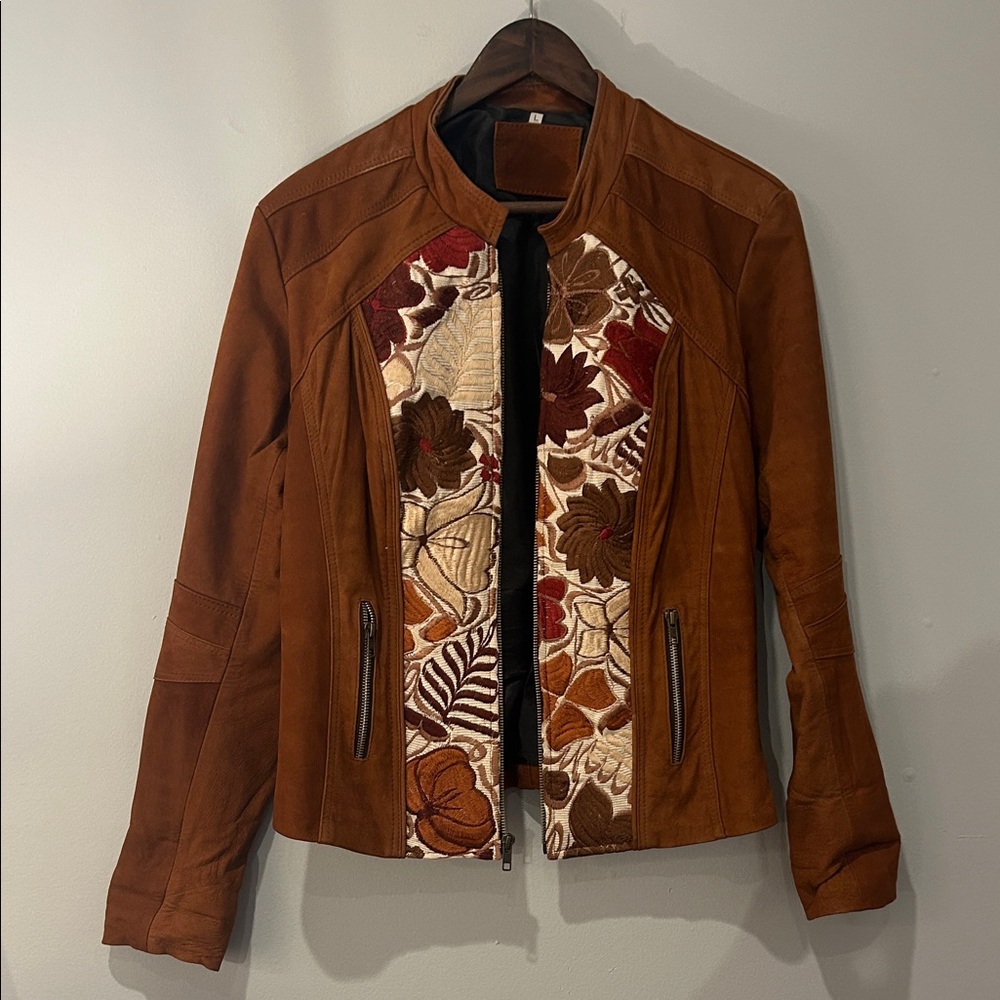 Elegant Brown Leather Jacket with Floral Accents